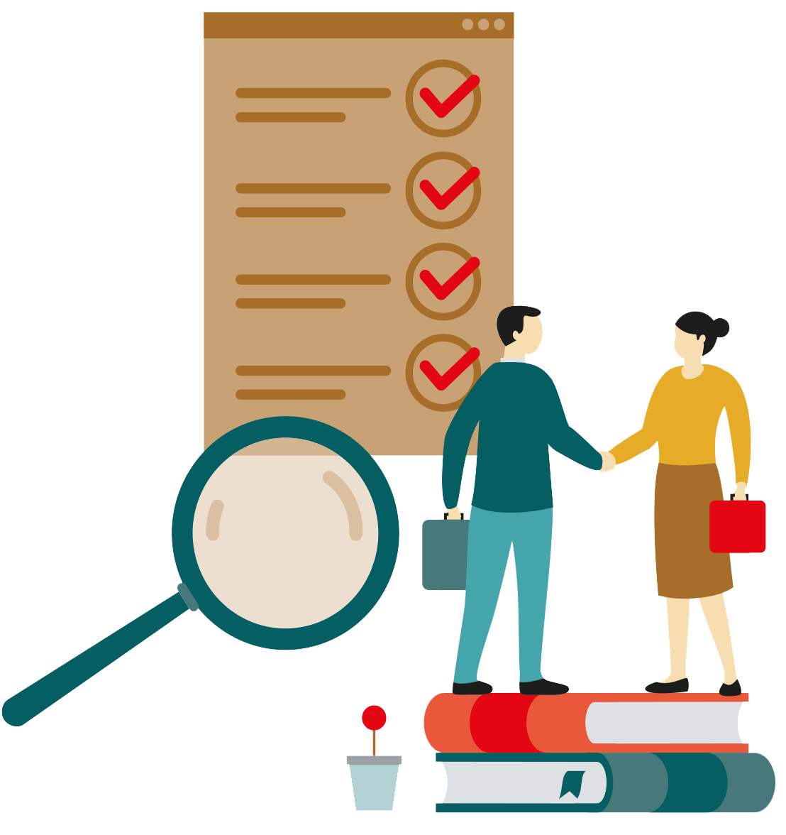 © Egger & Lerch/Shutterstock/Yelosmiley rechts: Mann und Frau schütteln sich die Hände, links: große Lupe und im Hintergrund eine Checkliste