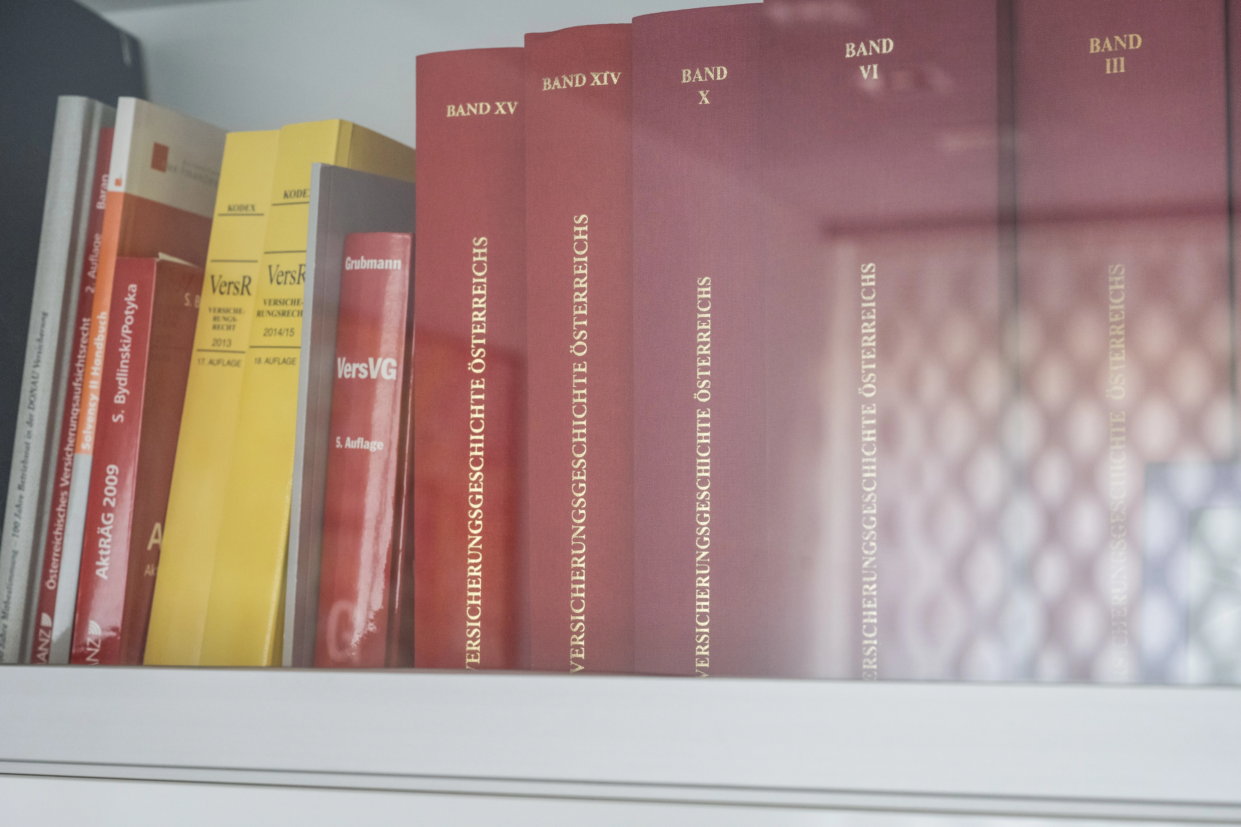 Bücher mit hauptsächlich roten und gelben Einbänden in einem Bücherregal.