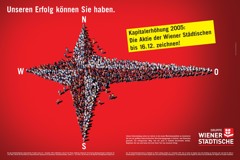 Sujet 'Unseren Erfolg können Sie haben' zur Kapitalerhöhung 2005; Pfeile in alle vier Himmelsrichtungen, Pfeil nach Osten am längsten; Begleittext: Kapitalerhöhung 2005. Die Aktie der Wiener Städtischen bis 16.12. zeichnen.