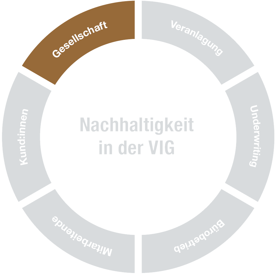 © Egger & Lerch Kreis mit sechs Feldern. Ein Feld mit dem Text "Gesellschaft" ist braun hervorgehoben. Die anderen fünf Felder sind grau.