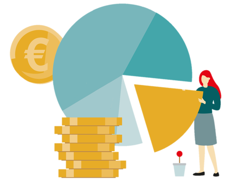 © Egger & Lerch/Shutterstock/Yelosmiley Großes Tortendiagramm; Frau hält ein herausgelöstes Stück; Geldstapel vor dem Diagramm